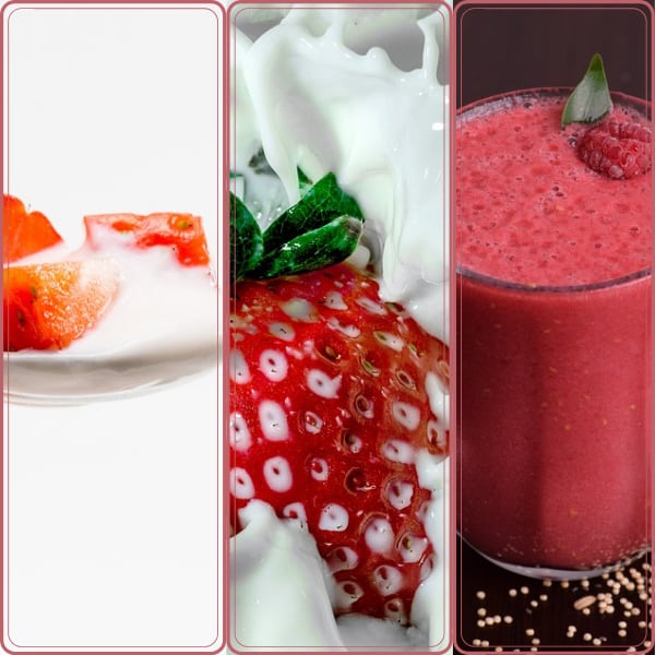 Ingredients of a strawberry smoothie in a picture collage